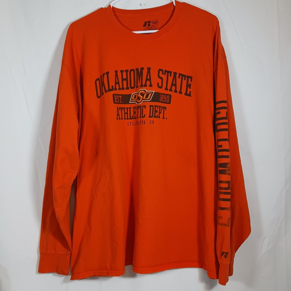 Russell Athletic T-Shirt Mens 2XL Orange Excellent Oklahoma State Long Sleeve